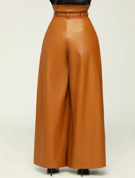 Women Side Zipper Fashion Faux Leather Wide Leg Pants