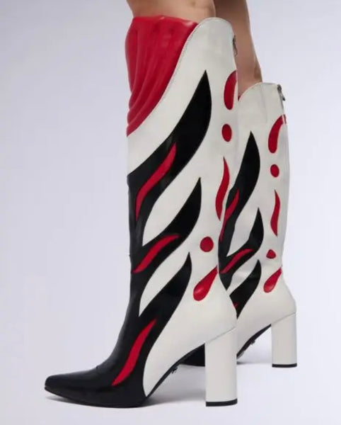Women Color Patchwork Printed Fashion Faux Leather Knee High Boots