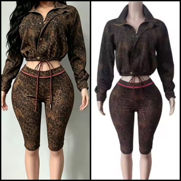 Women Animal Print Drawstring Crop Two Piece Capri Pant Set