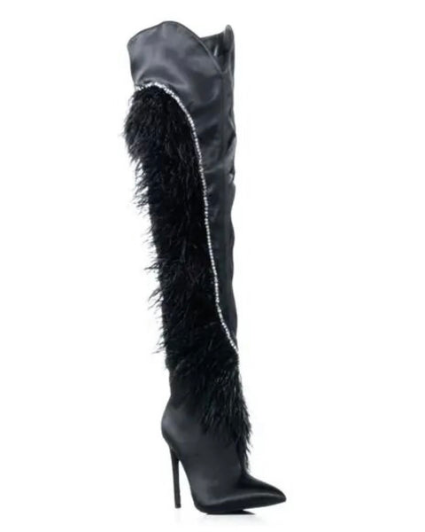 Women Black Fashion Bling Faux Fur Patchwork Knee High Boots