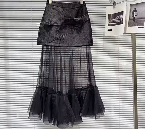 Women Buckled Ruffled Mesh Black Fashion Skirt