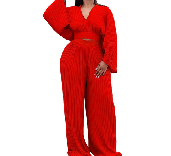 Women Sexy Fashion Full Sleeve Pleated Two Piece Pant Set