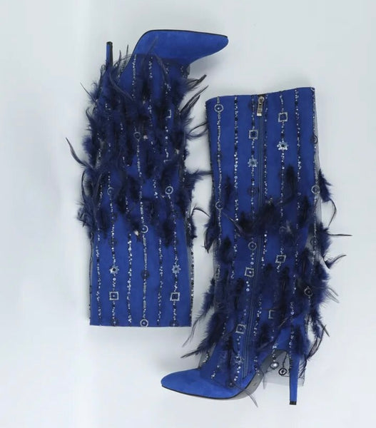 Women Fashion Feather Sequins Suede Knee High Boots