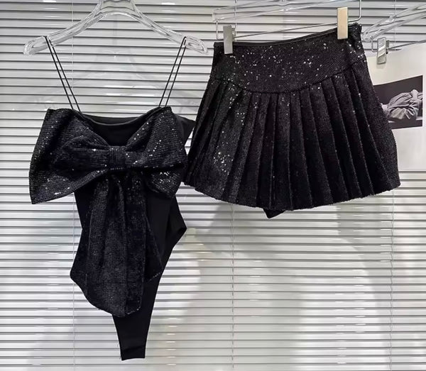 Women Sleeveless Bow Bodysuit Sexy Two Piece Pleated Skirt Set