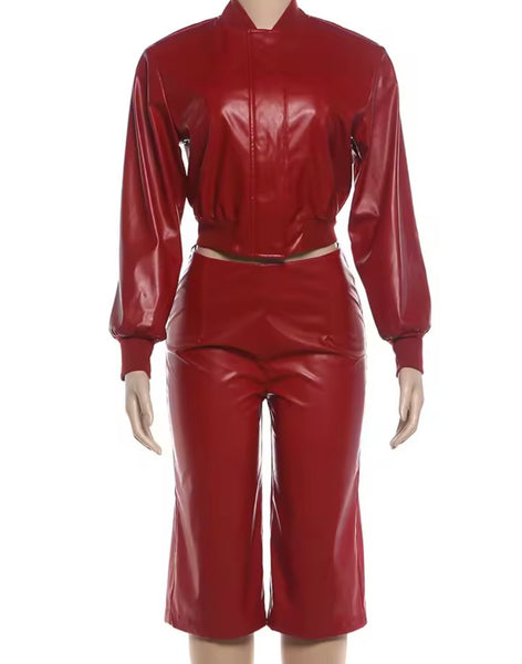 Women Fashion Red Faux Leather Jacket Two Piece Capri Pant Set
