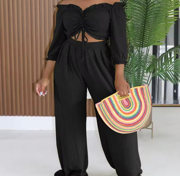 Women Off The Shoulder Full Sleeve Ruched Two Piece Pant Set