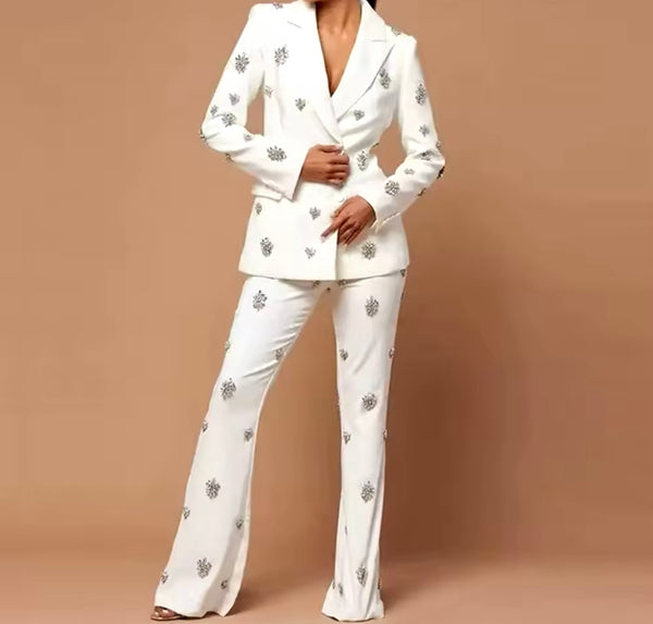 Women Fashion White Crystal Button Up Blazer Two Piece Pant Set