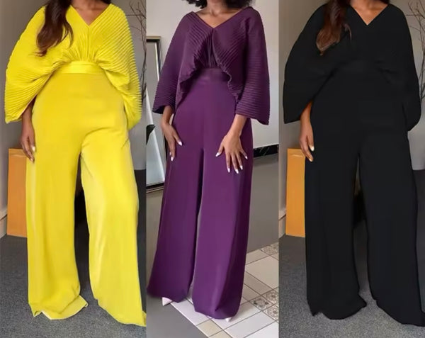 Women Solid Color Pleated Two Piece Fashion Pant Set