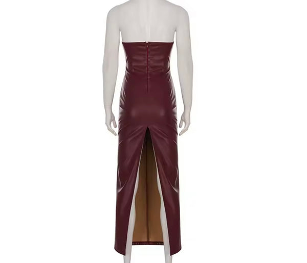 Women Sexy Strapless Burgundy Faux Leather Maxi Dress