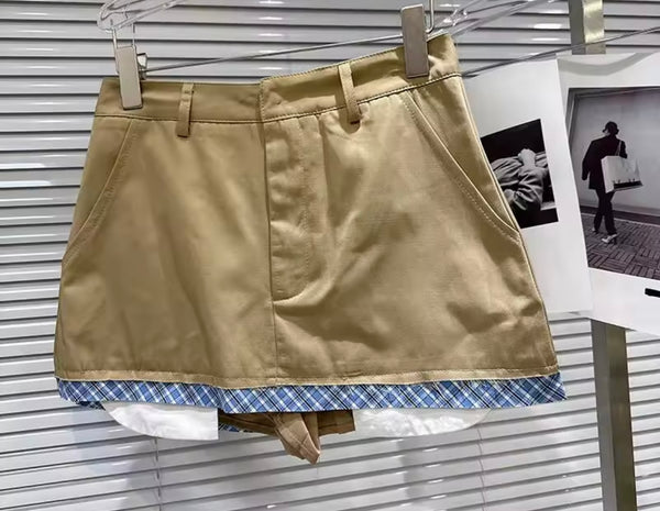Women Plaid Patchwork Khaki Two Piece Skirt Set