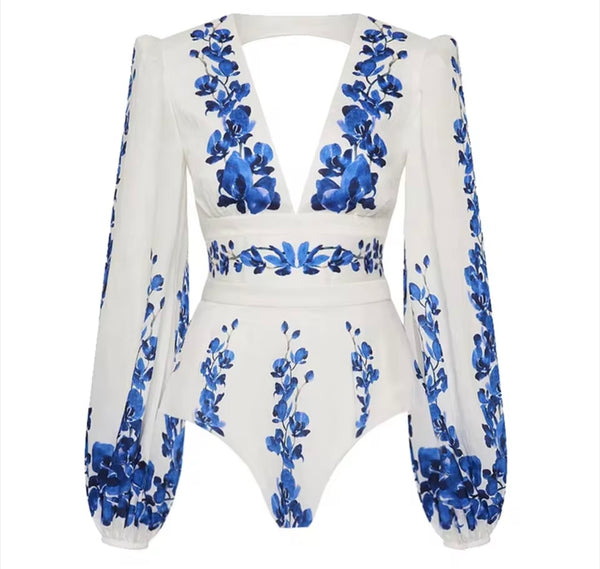 Women White Blue Floral Bikini/Swimsuit Cover Up Set