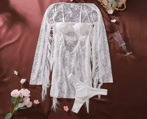 Women Sexy White Lace Tassel Lingerie Set