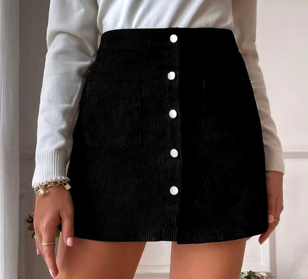 Women Color Button Up Corduroy Fashion Skirt