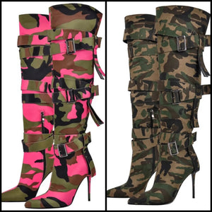 Women Fashion Camouflage Buckled Knee High Boots