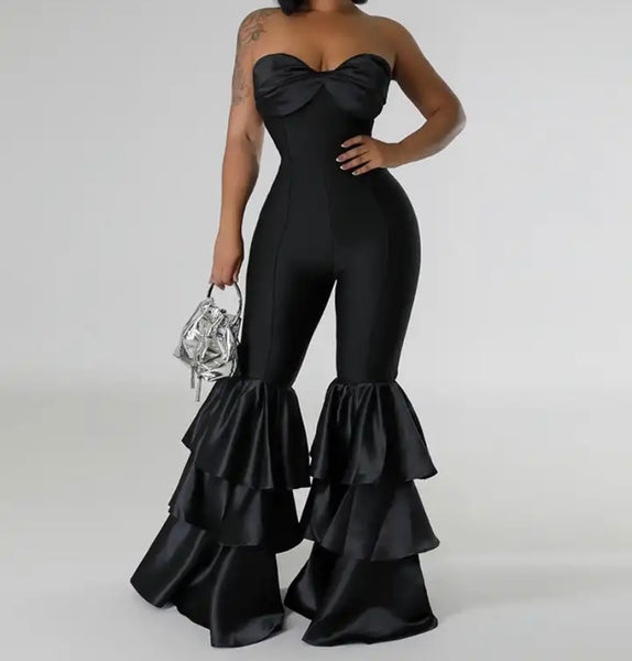 Women Black Sexy Strapless Ruffled Wide Leg Jumpsuit