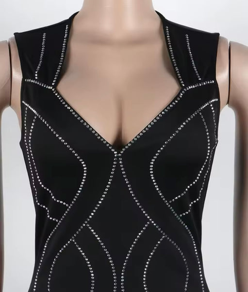 Women Sexy Sleeveless Black Bling Print Side Split Dress