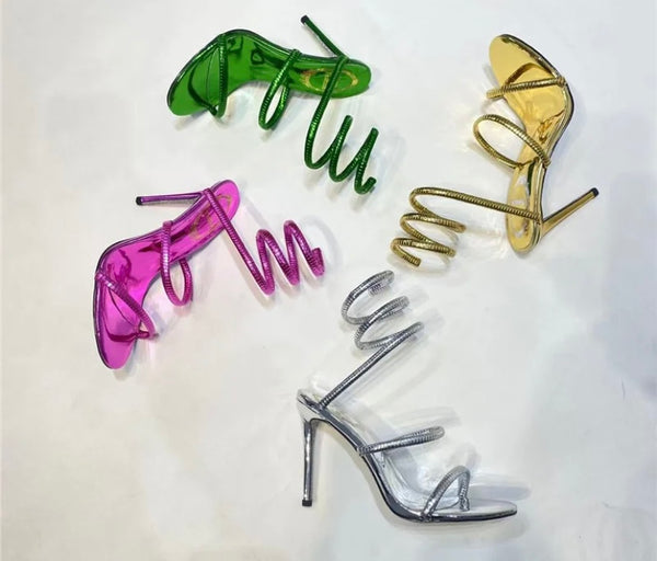 Women Fashion Color Metallic Wrap Around High Heel Sandals