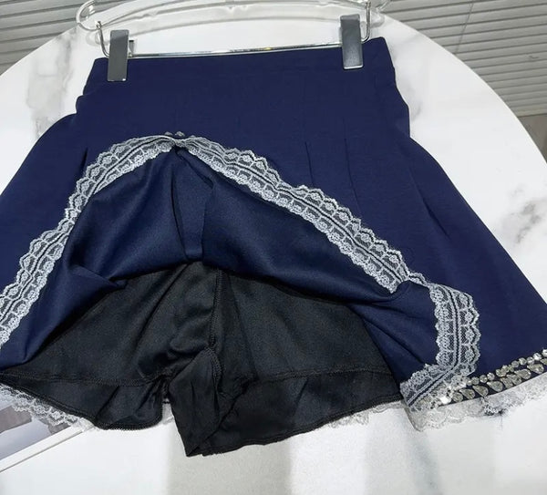 Women Fashion Bling One Shoulder Full Sleeve Two Piece Pleated Skirt Set