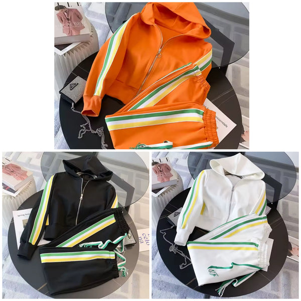 Women Color Patchwork Striped Hooded Two Piece Tracksuit Pant Set