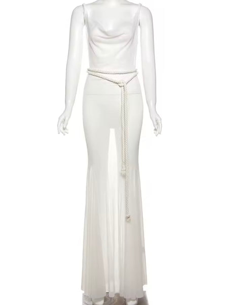 Women Sexy Sleeveless White Mesh Maxi Dress