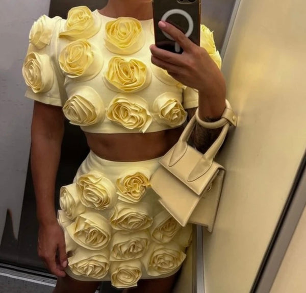 Women Yellow 3D Floral Sexy Short Sleeve Two Piece Skirt Set