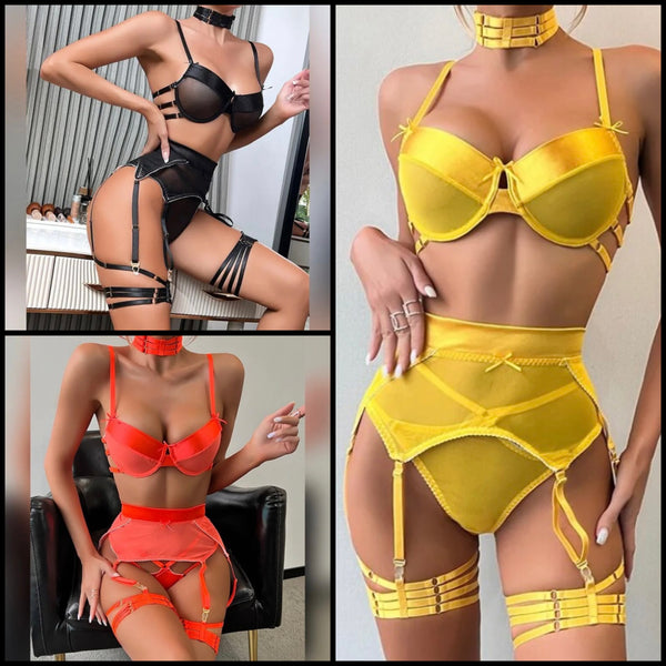 Women Sexy Choker Satin Mesh Lingerie Set