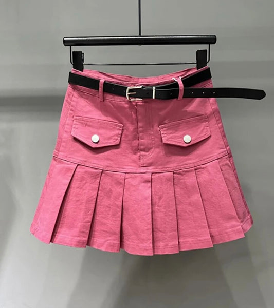 Women Pocket Pleated Fashion Denim Skirt