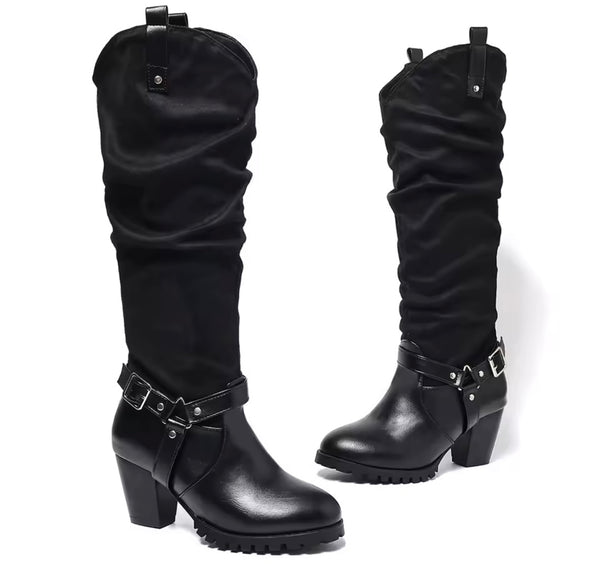 Women Fashion Buckled Chunky Heel Knee High Western Boots