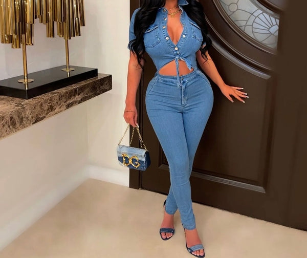 Women Short Sleeve Cut Out Sexy Denim Jumpsuit