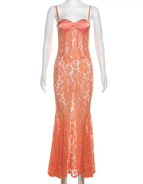 Women Sexy Sleeveless Orange Lace Maxi Dress