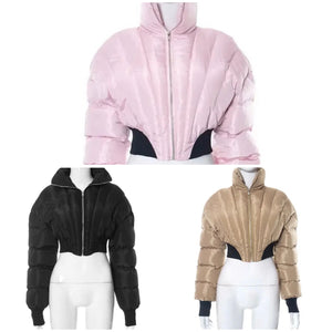 Women Fashion Color Patchwork Puff Crop Jacket