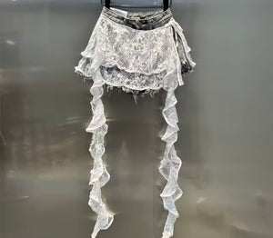 Women Fashion Lace Patchwork Ripped Denim Shorts