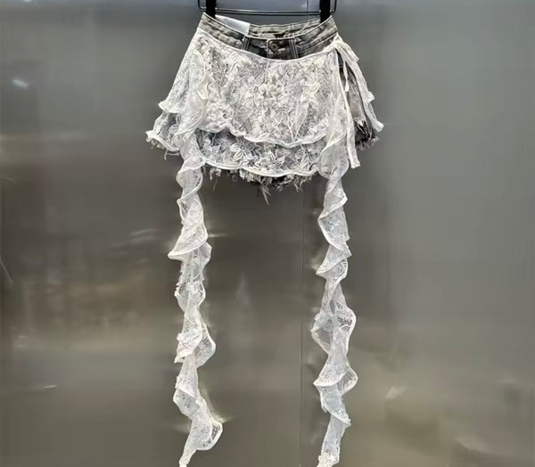 Women Fashion Lace Patchwork Ripped Denim Shorts