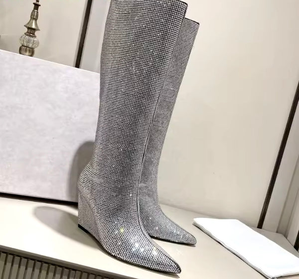 Women Fashion Bling Wedge Knee High Boots