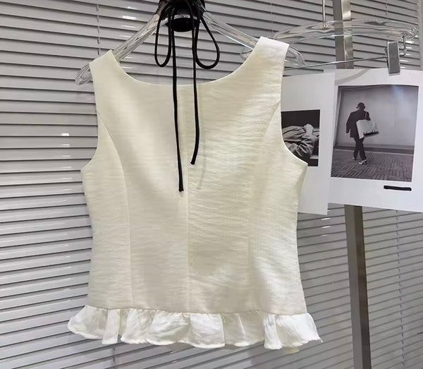 Women Sexy Button Up Ruffled Sleeveless Two Piece Skirt Set