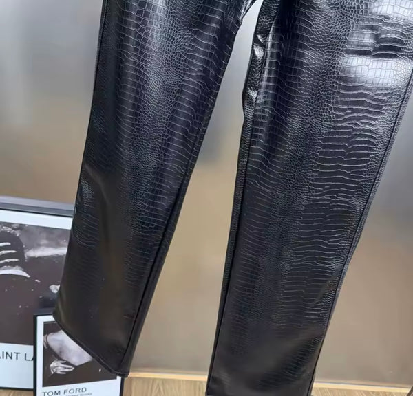 Women Fashion Faux Leather Solid Color Pants