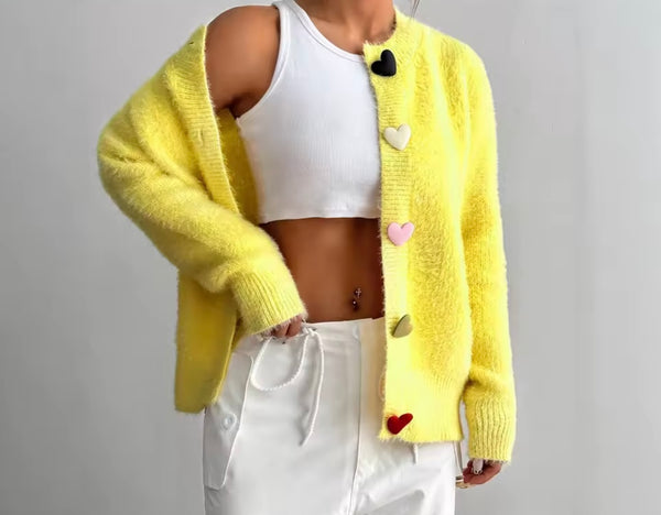 Women Yellow Fashion Heart Button Up Sweater Top