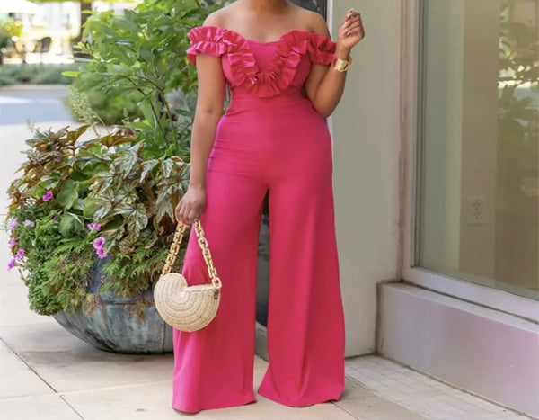 Women Sexy Ruffled Off The Shoulder Open Back Jumpsuit