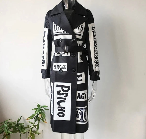 Women B&W Letter Print Fashion Trench Jacket