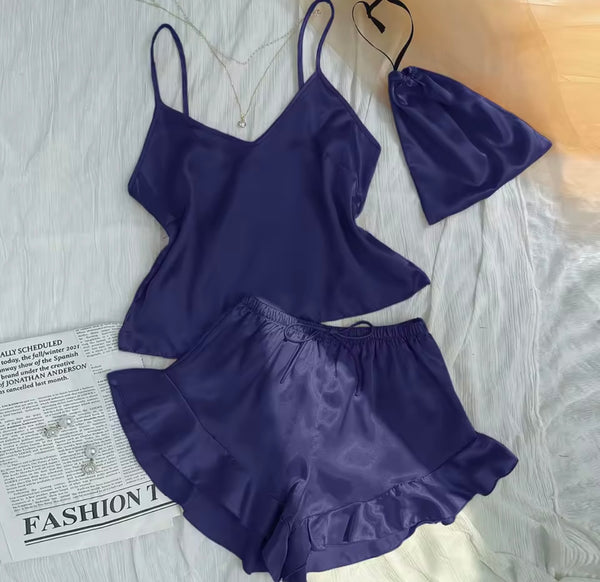 Women Sleeveless Satin Ruffled Lingerie Set