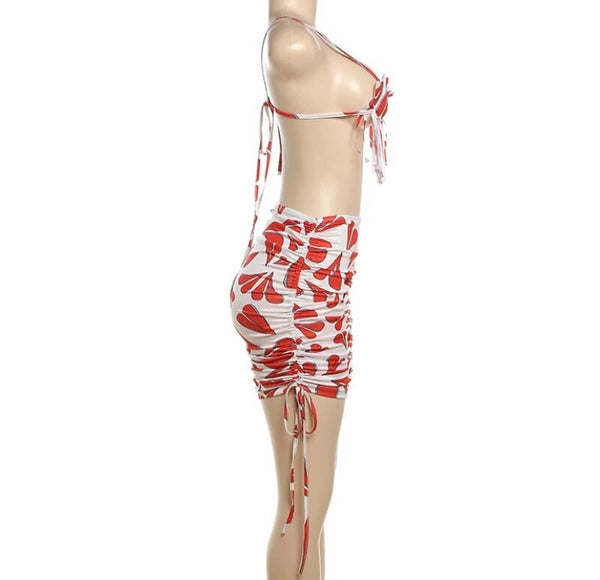 Women Sexy Heart Print Halter Sleeveless Two Piece Skirt Set