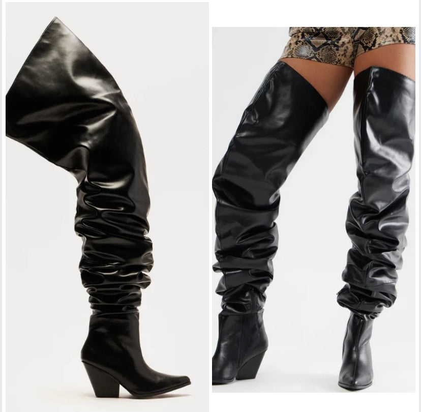 Women Black Over The Knee Faux Leather Western Boots
