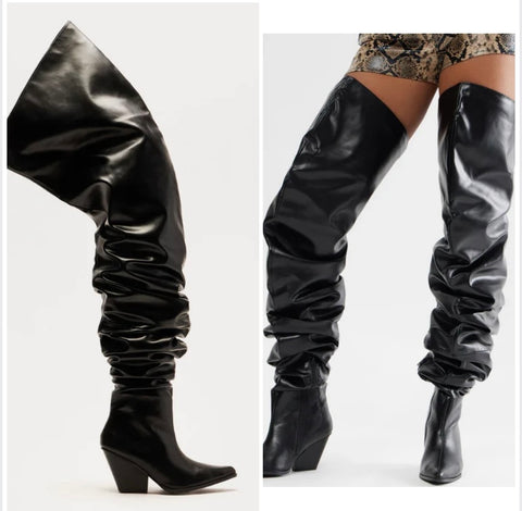 Women Black Over The Knee Faux Leather Western Boots