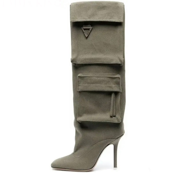 Women Color Fashion Pocket Denim Knee High Boots
