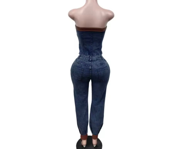 Women Button Up Strapless Brown PU Patchwork Denim Two Piece Pant Set