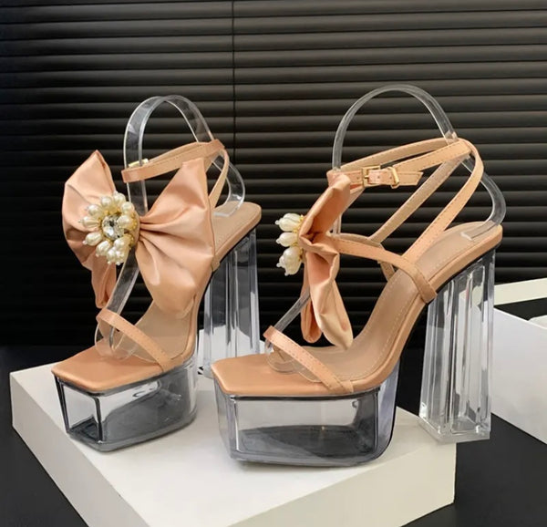 Women Color Bow Transparent Platform Ankle Strap Sandals