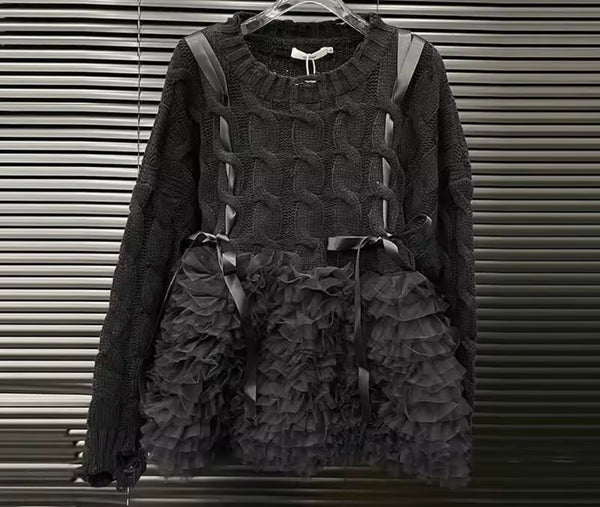 Women Fashion Ruffled Bow Full Sleeve Sweater Top
