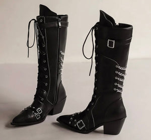 Women Fashion Pointed Toe Buckled Chain Lace Up Knee High Boots