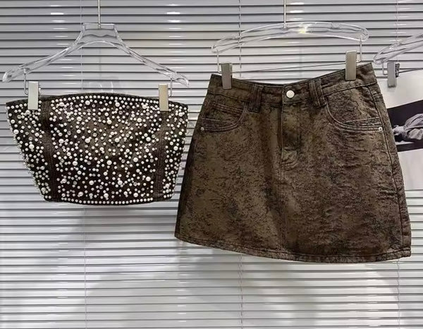 Women Pearl Strapless Floral Denim Two Piece Skirt Set