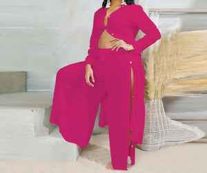 Women Sexy Full Sleeve Button Solid Color Two Piece Pant Set